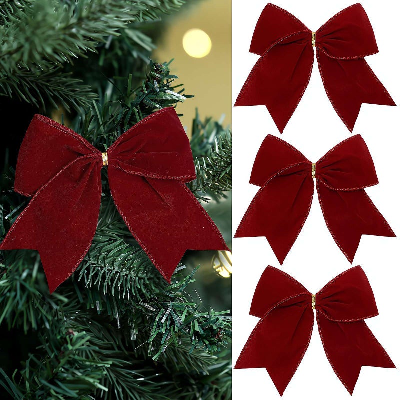 3 Pcs Christmas Velvet Bows – Vintage Rustic Ribbon Bows for Gift Wrapping, Christmas Tree & Wreath Decor, Farmhouse Holiday Ornaments for DIY Crafts, Garland, Presents (Red Velvet Xmas Bows) - Image 1